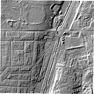 Shaded relief map of the ground around TS56LZ, computed from Environment Agency LiDAR. The ground here sits at about 7 m above sea level and falls 9 m across the surrounding 800 m. Surface water reaching this point runs off ground lying to the south-west, 8.4 m higher.