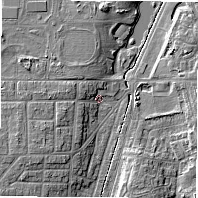 Shaded relief map of the ground around TS56NA, computed from Environment Agency LiDAR. The ground here sits at about 7 m above sea level and falls 9 m across the surrounding 800 m. Surface water reaching this point runs off ground lying to the south-west, 8.3 m higher.