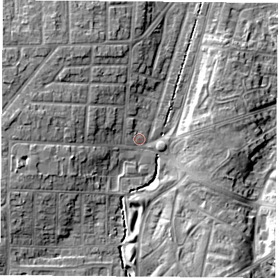 Shaded relief map of the ground around TS56QL, computed from Environment Agency LiDAR. The ground here sits at about 8 m above sea level and falls 8 m across the surrounding 800 m. Surface water reaching this point runs off ground lying to the west-south-west, 8.2 m higher.
