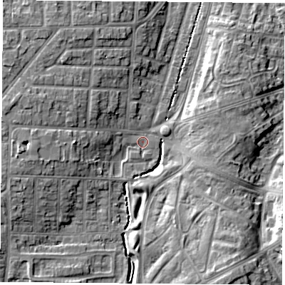 Shaded relief map of the ground around TS56QN, computed from Environment Agency LiDAR. The ground here sits at about 8 m above sea level and falls 9 m across the surrounding 800 m. Surface water reaching this point runs off ground lying to the west, 8.1 m higher.