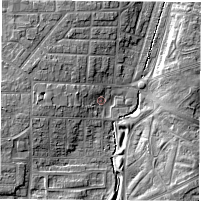 Shaded relief map of the ground around TS56QR, computed from Environment Agency LiDAR. The ground here sits at about 9 m above sea level and falls 9 m across the surrounding 800 m. Surface water reaching this point runs off ground lying to the west-north-west, 5.0 m higher.