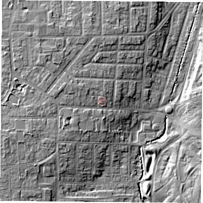 Shaded relief map of the ground around TS56QW, computed from Environment Agency LiDAR. The ground here sits at about 12 m above sea level and falls 8 m across the surrounding 800 m. Surface water reaching this point runs off ground lying to the west-north-west, 1.8 m higher.