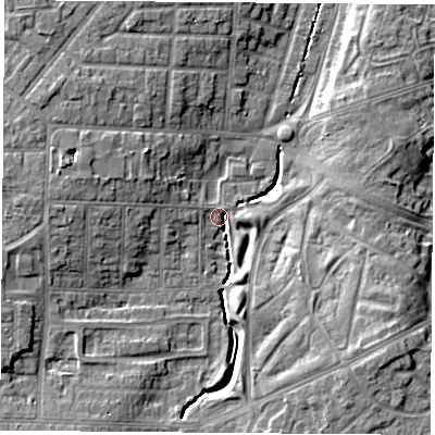 Shaded relief map of the ground around TS56RB, computed from Environment Agency LiDAR. The ground here sits at about 8 m above sea level and falls 9 m across the surrounding 800 m. Surface water reaching this point runs off ground lying to the south-east, 7.8 m higher.