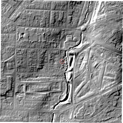 Shaded relief map of the ground around TS56RD, computed from Environment Agency LiDAR. The ground here sits at about 9 m above sea level and falls 9 m across the surrounding 800 m. Surface water reaching this point runs off ground lying to the east-south-east, 7.8 m higher.