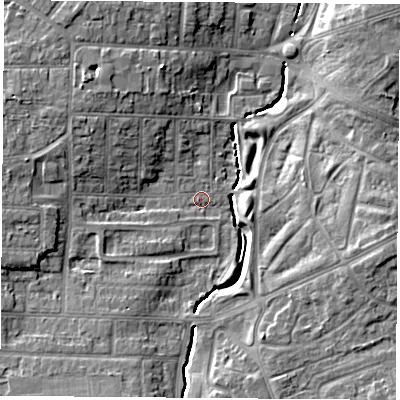 Shaded relief map of the ground around TS56RE, computed from Environment Agency LiDAR. The ground here sits at about 9 m above sea level and falls 9 m across the surrounding 800 m. Surface water reaching this point runs off ground lying to the east-south-east, 7.5 m higher.