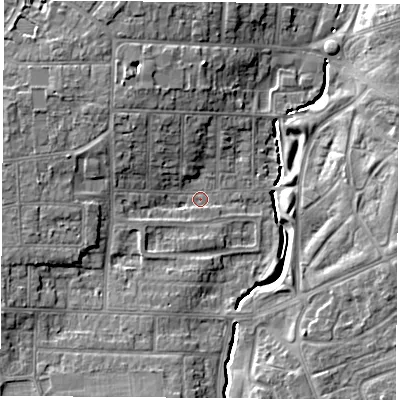 Shaded relief map of the ground around TS56RF, computed from Environment Agency LiDAR. The ground here sits at about 9 m above sea level and falls 8 m across the surrounding 800 m. Surface water reaching this point runs off ground lying to the west, 2.5 m higher.