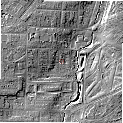Shaded relief map of the ground around TS56RG, computed from Environment Agency LiDAR. The ground here sits at about 9 m above sea level and falls 8 m across the surrounding 800 m. Surface water reaching this point runs off ground lying to the west-north-west, 2.2 m higher.
