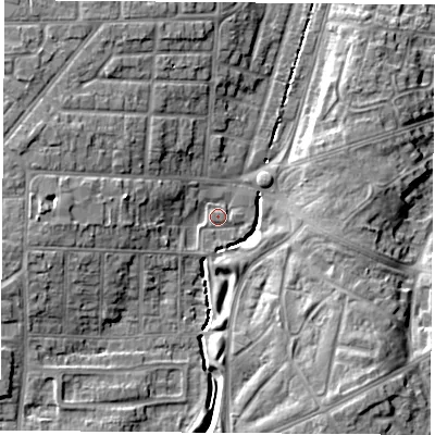 Shaded relief map of the ground around TS56RP, computed from Environment Agency LiDAR. The ground here sits at about 8 m above sea level and falls 9 m across the surrounding 800 m. Surface water reaching this point runs off ground lying to the south-east, 8.0 m higher.