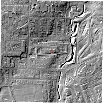 Shaded relief map of the ground around TS56RU, computed from Environment Agency LiDAR. The ground here sits at about 10 m above sea level and falls 9 m across the surrounding 800 m. Surface water reaching this point runs off ground lying to the north-west, 4.4 m higher.