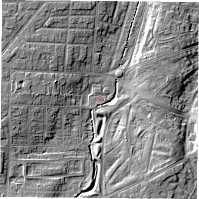 Shaded relief map of the ground around TS56RW, computed from Environment Agency LiDAR. The ground here sits at about 8 m above sea level and falls 9 m across the surrounding 800 m. Surface water reaching this point runs off ground lying to the south-east, 8.0 m higher.