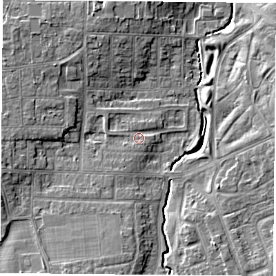 Shaded relief map of the ground around TS56RX, computed from Environment Agency LiDAR. The ground here sits at about 10 m above sea level and falls 9 m across the surrounding 800 m. Surface water reaching this point runs off ground lying to the north-west, 4.4 m higher.