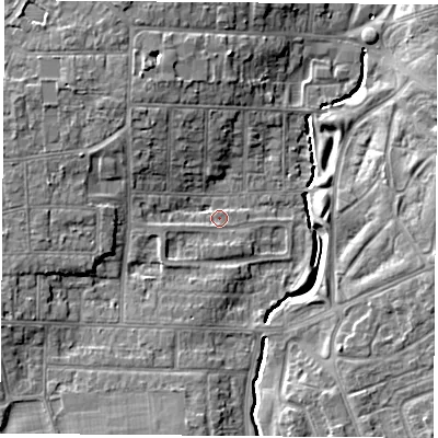 Shaded relief map of the ground around TS56RY, computed from Environment Agency LiDAR. The ground here sits at about 10 m above sea level and falls 8 m across the surrounding 800 m. Surface water reaching this point runs off ground lying to the west-north-west, 2.5 m higher.