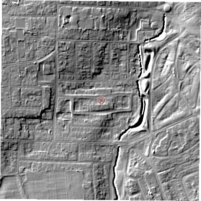 Shaded relief map of the ground around TS56RZ, computed from Environment Agency LiDAR. The ground here sits at about 10 m above sea level and falls 9 m across the surrounding 800 m. Surface water reaching this point runs off ground lying to the west, 1.1 m higher.