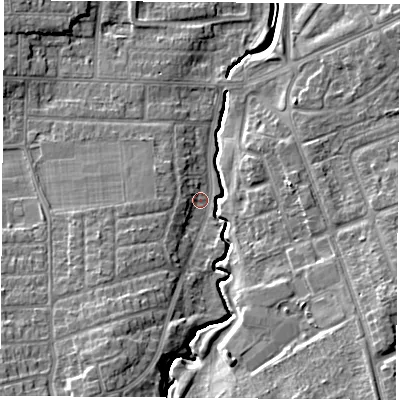 Shaded relief map of the ground around TS57QB, computed from Environment Agency LiDAR. The ground here sits at about 11 m above sea level and falls 11 m across the surrounding 800 m. Surface water reaching this point runs off ground lying to the south-south-west, 6.9 m higher.
