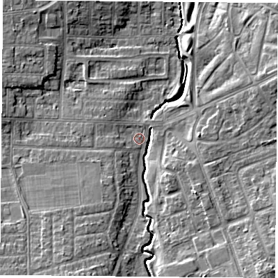 Shaded relief map of the ground around TS57QD, computed from Environment Agency LiDAR. The ground here sits at about 10 m above sea level and falls 10 m across the surrounding 800 m. Surface water reaching this point runs off ground lying to the south-east, 9.0 m higher.