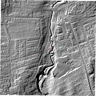 Shaded relief map of the ground around TS57QE, computed from Environment Agency LiDAR. The ground here sits at about 11 m above sea level and falls 11 m across the surrounding 800 m. Surface water reaching this point runs off ground lying to the south-west, 6.2 m higher.