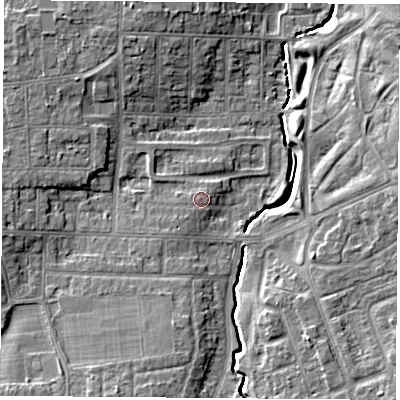 Shaded relief map of the ground around TS57QL, computed from Environment Agency LiDAR. The ground here sits at about 11 m above sea level and falls 9 m across the surrounding 800 m. Surface water reaching this point runs off ground lying to the south-south-west, 0.6 m higher.