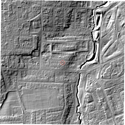 Shaded relief map of the ground around TS57QN, computed from Environment Agency LiDAR. The ground here sits at about 11 m above sea level and falls 9 m across the surrounding 800 m. The ground contributing surface water to this point lies to the south.
