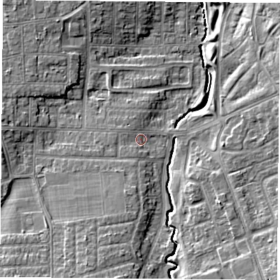 Shaded relief map of the ground around TS57QQ, computed from Environment Agency LiDAR. The ground here sits at about 10 m above sea level and falls 9 m across the surrounding 800 m. Surface water reaching this point runs off ground lying to the south-east, 8.0 m higher.