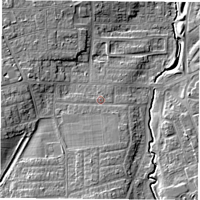 Shaded relief map of the ground around TS57RE, computed from Environment Agency LiDAR. The ground here sits at about 11 m above sea level and falls 9 m across the surrounding 800 m. Surface water reaching this point runs off ground lying to the south, 4.1 m higher.