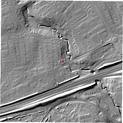 Shaded relief map of the ground around TS58DU, computed from Environment Agency LiDAR. The ground here sits at about 30 m above sea level and falls 19 m across the surrounding 800 m. Surface water reaching this point runs off ground lying to the west-south-west, 2.4 m higher.