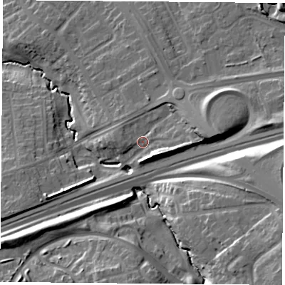 Shaded relief map of the ground around TS58EL, computed from Environment Agency LiDAR. The ground here sits at about 32 m above sea level and falls 24 m across the surrounding 800 m. Surface water reaching this point runs off ground lying to the east, 6.7 m higher.