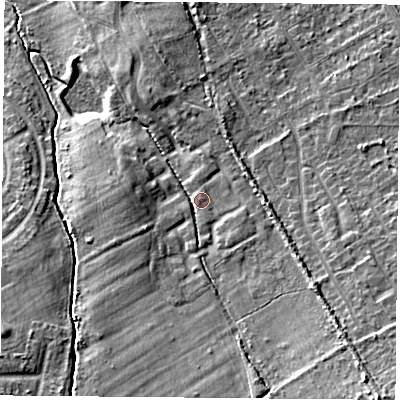 Shaded relief map of the ground around TS60GB, computed from Environment Agency LiDAR. The ground here sits at about 14 m above sea level and falls 14 m across the surrounding 800 m. Surface water reaching this point runs off ground lying to the south-east, 8.8 m higher.
