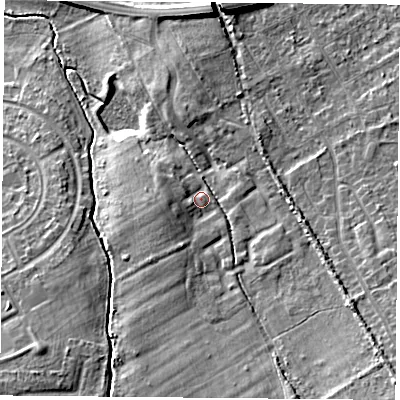 Shaded relief map of the ground around TS60GE, computed from Environment Agency LiDAR. The ground here sits at about 14 m above sea level and falls 12 m across the surrounding 800 m. Surface water reaching this point runs off ground lying to the south-south-west, 3.7 m higher.