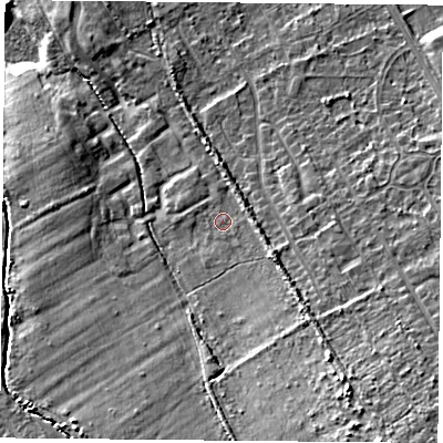 Shaded relief map of the ground around TS60GF, computed from Environment Agency LiDAR. The ground here sits at about 15 m above sea level and falls 14 m across the surrounding 800 m. Surface water reaching this point runs off ground lying to the east-south-east, 3.1 m higher.