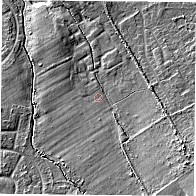 Shaded relief map of the ground around TS60GG, computed from Environment Agency LiDAR. The ground here sits at about 15 m above sea level and falls 14 m across the surrounding 800 m. Surface water reaching this point runs off ground lying to the south-south-east, 6.3 m higher.