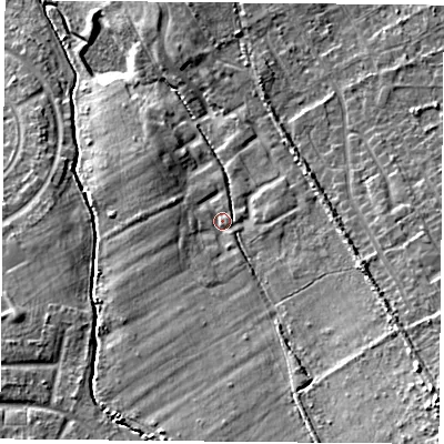 Shaded relief map of the ground around TS60GH, computed from Environment Agency LiDAR. The ground here sits at about 14 m above sea level and falls 14 m across the surrounding 800 m. Surface water reaching this point runs off ground lying to the south-south-west, 5.3 m higher.