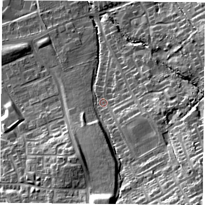 Shaded relief map of the ground around TS60HP, computed from Environment Agency LiDAR. The ground here sits at about 36 m above sea level and falls 32 m across the surrounding 800 m. Surface water reaching this point runs off ground lying to the south-east, 23.0 m higher.