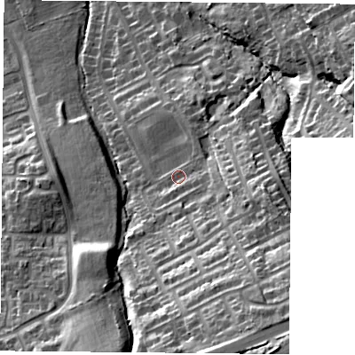 Shaded relief map of the ground around TS60SL, computed from Environment Agency LiDAR. The ground here sits at about 44 m above sea level and falls 37 m across the surrounding 800 m. Surface water reaching this point runs off ground lying to the east-south-east, 7.7 m higher.