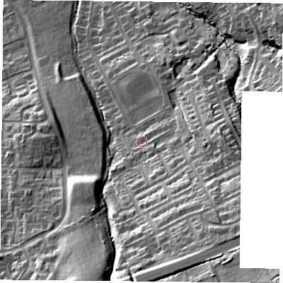Shaded relief map of the ground around TS60SN, computed from Environment Agency LiDAR. The ground here sits at about 46 m above sea level and falls 42 m across the surrounding 800 m. Surface water reaching this point runs off ground lying to the south-east, 19.2 m higher.