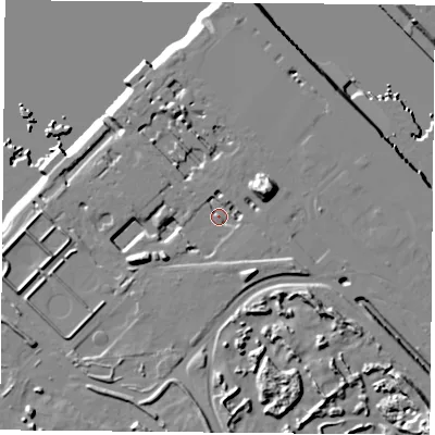 Shaded relief map of the ground around TS66AF, computed from Environment Agency LiDAR. The ground here sits at about 5 m above sea level and falls 24 m across the surrounding 800 m. Surface water reaching this point runs off ground lying to the south-west, 6.3 m higher.