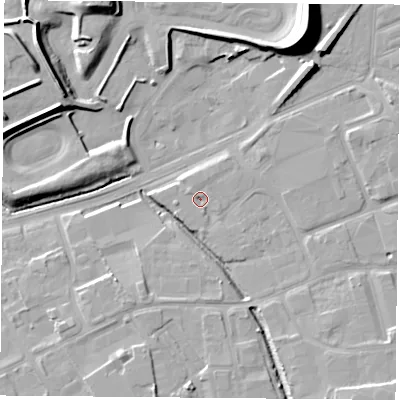 Shaded relief map of the ground around TS66PT, computed from Environment Agency LiDAR. The ground here sits at about 6 m above sea level and falls 19 m across the surrounding 800 m. Surface water reaching this point runs off ground lying to the north-north-east, 1.4 m higher.