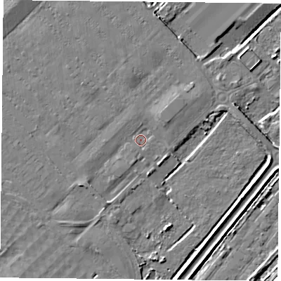 Shaded relief map of the ground around TS66UD, computed from Environment Agency LiDAR. The ground here sits at about 6 m above sea level and falls 6 m across the surrounding 800 m. Surface water reaching this point runs off ground lying to the west-north-west, 0.8 m higher.