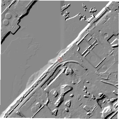 Shaded relief map of the ground around TS66UG, computed from Environment Agency LiDAR. The ground here sits at about 7 m above sea level and falls 22 m across the surrounding 800 m. Surface water reaching this point runs off ground lying to the south-east, 6.3 m higher.