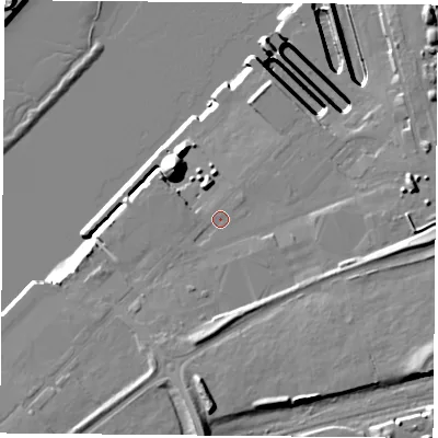 Shaded relief map of the ground around TS66UZ, computed from Environment Agency LiDAR. The ground here sits at about 7 m above sea level and falls 25 m across the surrounding 800 m. Surface water reaching this point runs off ground lying to the south, 5.2 m higher.