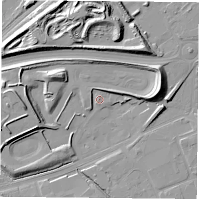 Shaded relief map of the ground around TS66XH, computed from Environment Agency LiDAR. The ground here sits at about 8 m above sea level and falls 20 m across the surrounding 800 m. Surface water reaching this point runs off ground lying to the east-north-east, 5.0 m higher.