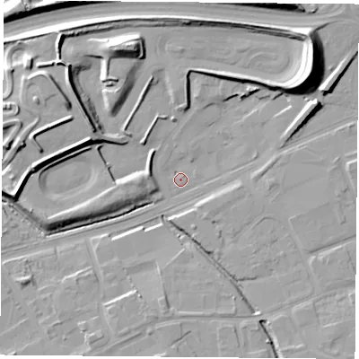 Shaded relief map of the ground around TS66XJ, computed from Environment Agency LiDAR. The ground here sits at about 5 m above sea level and falls 19 m across the surrounding 800 m. Surface water reaching this point runs off ground lying to the north, 1.8 m higher.