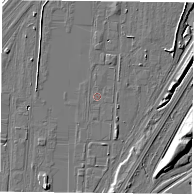 Shaded relief map of the ground around TS67RP, computed from Environment Agency LiDAR. The ground here sits at about 10 m above sea level and falls 11 m across the surrounding 800 m. Surface water reaching this point runs off ground lying to the north, 0.6 m higher.