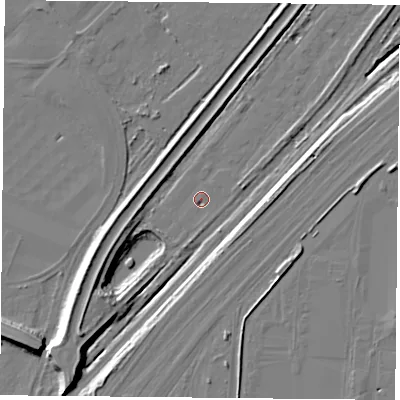 Shaded relief map of the ground around TS67RT, computed from Environment Agency LiDAR. The ground here sits at about 6 m above sea level and falls 11 m across the surrounding 800 m. Surface water reaching this point runs off ground lying to the south-west, 10.2 m higher.