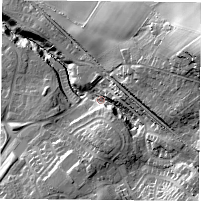 Shaded relief map of the ground around TS70DP, computed from Environment Agency LiDAR. The ground here sits at about 62 m above sea level and falls 56 m across the surrounding 800 m. Surface water reaching this point runs off ground lying to the south-east, 24.8 m higher.