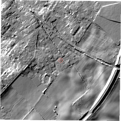 Shaded relief map of the ground around TS70GA, computed from Environment Agency LiDAR. The ground here sits at about 88 m above sea level and falls 17 m across the surrounding 800 m. Surface water reaching this point runs off ground lying to the east-south-east, 11.6 m higher.