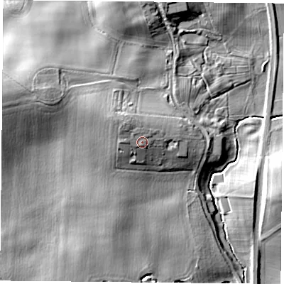 Shaded relief map of the ground around TS70NR, computed from Environment Agency LiDAR. The ground here sits at about 92 m above sea level and falls 15 m across the surrounding 800 m. Surface water reaching this point runs off ground lying to the north-north-west, 2.0 m higher.