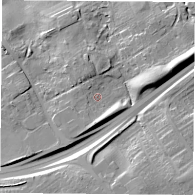 Shaded relief map of the ground around TS78AE, computed from Environment Agency LiDAR. The ground here sits at about 46 m above sea level and falls 24 m across the surrounding 800 m. Surface water reaching this point runs off ground lying to the west, 3.9 m higher.