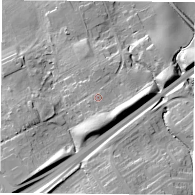 Shaded relief map of the ground around TS78AF, computed from Environment Agency LiDAR. The ground here sits at about 48 m above sea level and falls 21 m across the surrounding 800 m. Surface water reaching this point runs off ground lying to the south, 1.2 m higher.