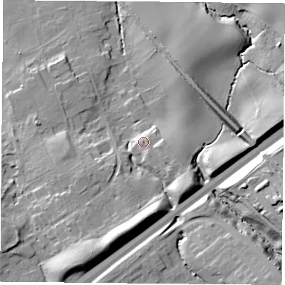 Shaded relief map of the ground around TS78AQ, computed from Environment Agency LiDAR. The ground here sits at about 43 m above sea level and falls 28 m across the surrounding 800 m. Surface water reaching this point runs off ground lying to the south-east, 3.0 m higher.