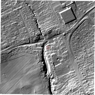 Shaded relief map of the ground around TS79AH, computed from Environment Agency LiDAR. The ground here sits at about 31 m above sea level and falls 27 m across the surrounding 800 m. Surface water reaching this point runs off ground lying to the south-east, 22.3 m higher.